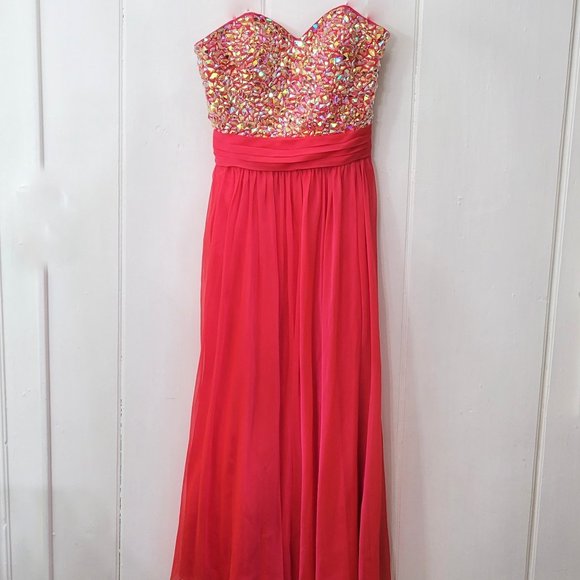 La Femme Fushia Chiffon Gown Prom Dress Jeweled Bodice - Picture 7 of 7